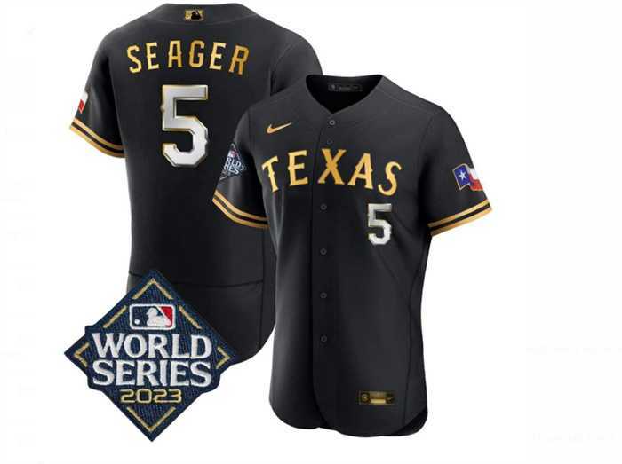 Men%27s Texas Rangers #5 Corey Seager Black Gold 2023 World Series Flex Base Stitched Baseball Jersey Dzhi